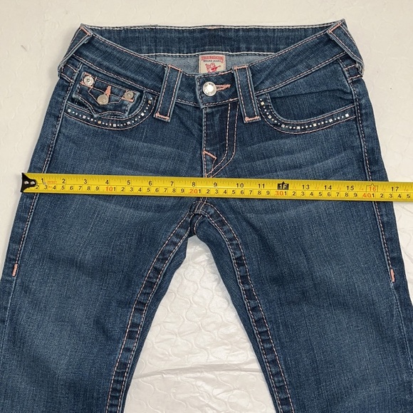 True Religion medium wash rose stitch straight jeans with crystal back pockets - Picture 10 of 16